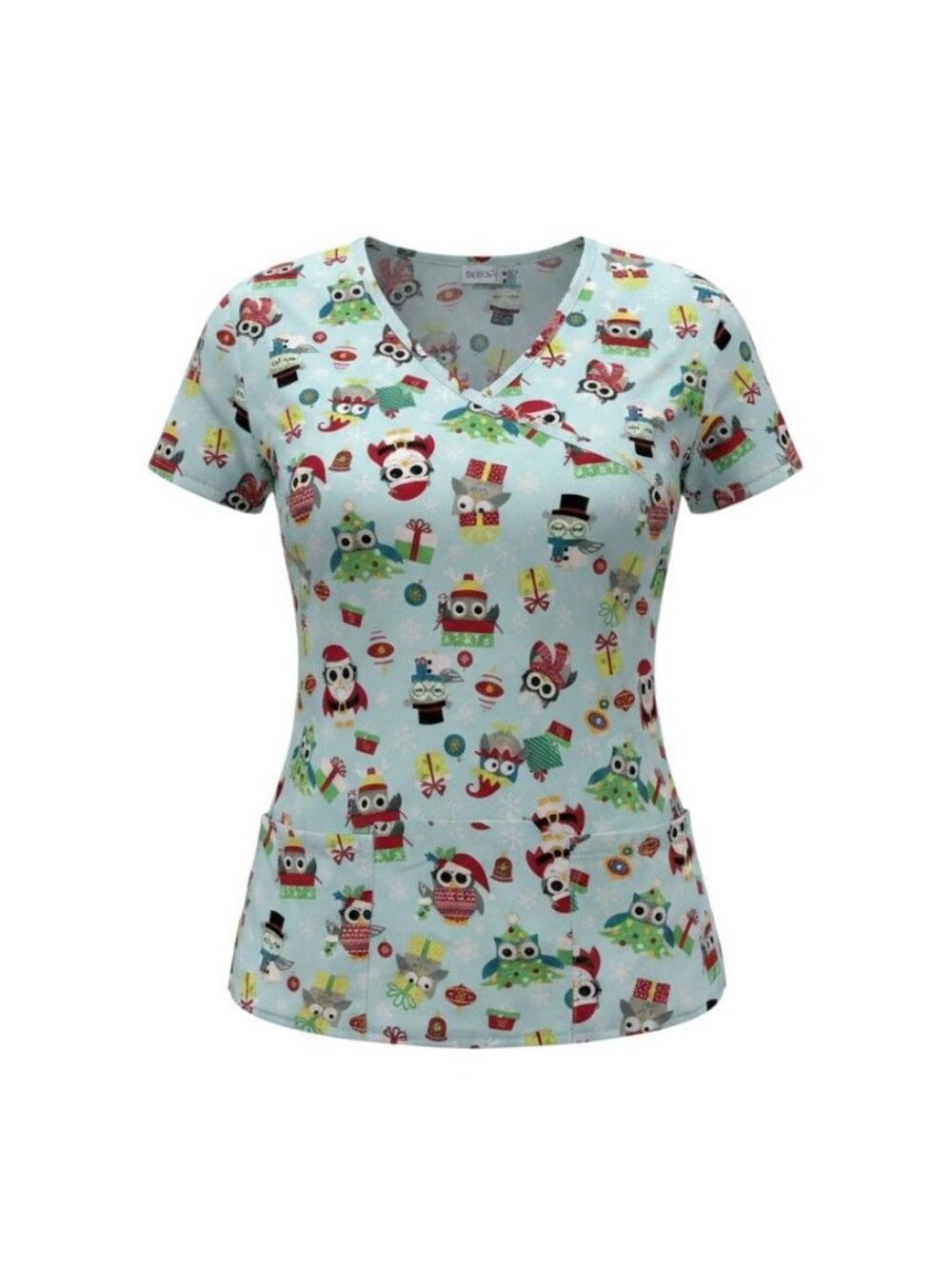 Serene Uniforms Womens Christmas Owl Scrub Top Pockets & Tie-Back M Light Blue